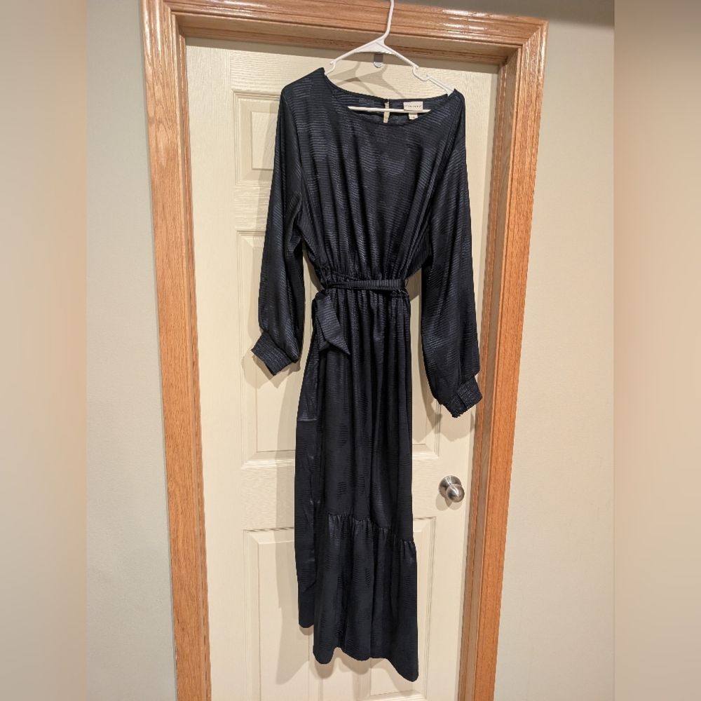 Women's Navy Blue Long Sleeve Belted Maxi Dress